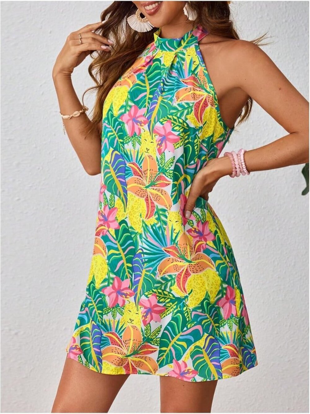 Women's Multi Floral Print Short Dress Sleeveless Halter Neck A Line Sundress - Picture 3 of 6